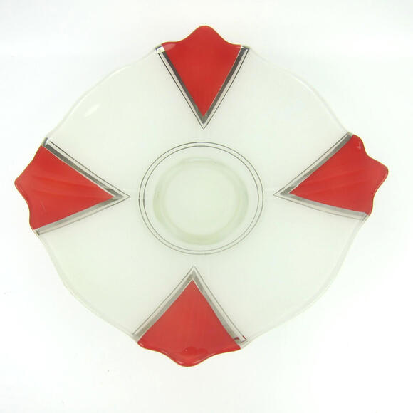 Vintage 1930s Art Deco Footed Glass Bowl Red Platinum Stripe Indiana Moderne 13